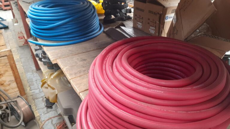 blue and red hoses